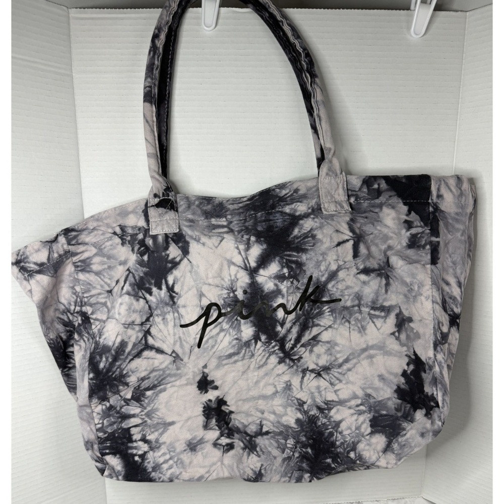 Victoria's Secret PINK Canvas Tote Weekender Bag Zipper Black White Gray Tie Dye